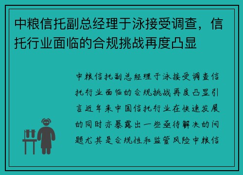 中粮信托副总经理于泳接受调查，信托行业面临的合规挑战再度凸显