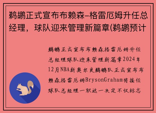 鹈鹕正式宣布布赖森-格雷厄姆升任总经理，球队迎来管理新篇章(鹈鹕预计不会送走球哥 雷迪克和布莱索仍可能被交易)