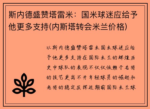 斯内德盛赞塔雷米：国米球迷应给予他更多支持(内斯塔转会米兰价格)