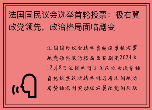 法国国民议会选举首轮投票：极右翼政党领先，政治格局面临剧变