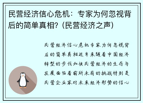 民营经济信心危机：专家为何忽视背后的简单真相？(民营经济之声)